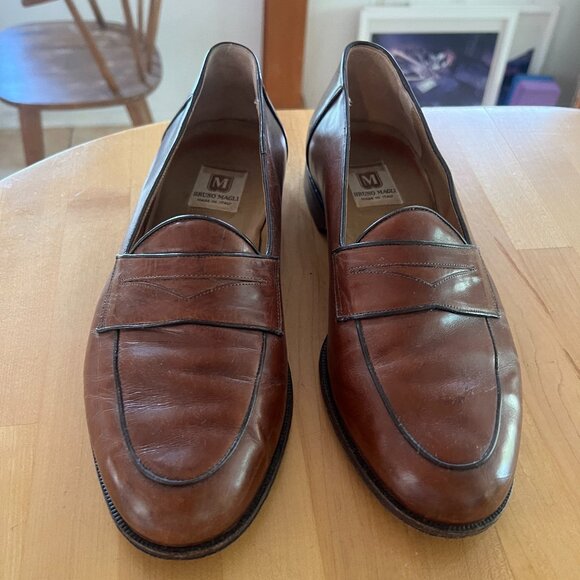 Bruno Magli Men\'s Cognac Leather Size 12 Slip On Made in Italy Penny Loafers